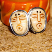 Vintage Echo Of The Dreamer Sterling Silver Carved Bone Face Clip On Earrings, Stylized Face Figural Design, Unique 925 Earrings, 1 5/8" L