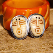 Vintage Echo Of The Dreamer Sterling Silver Carved Bone Face Clip On Earrings, Stylized Face Figural Design, Unique 925 Earrings, 1 5/8" L