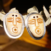 Vintage Echo Of The Dreamer Sterling Silver Carved Bone Face Clip On Earrings, Stylized Face Figural Design, Unique 925 Earrings, 1 5/8" L