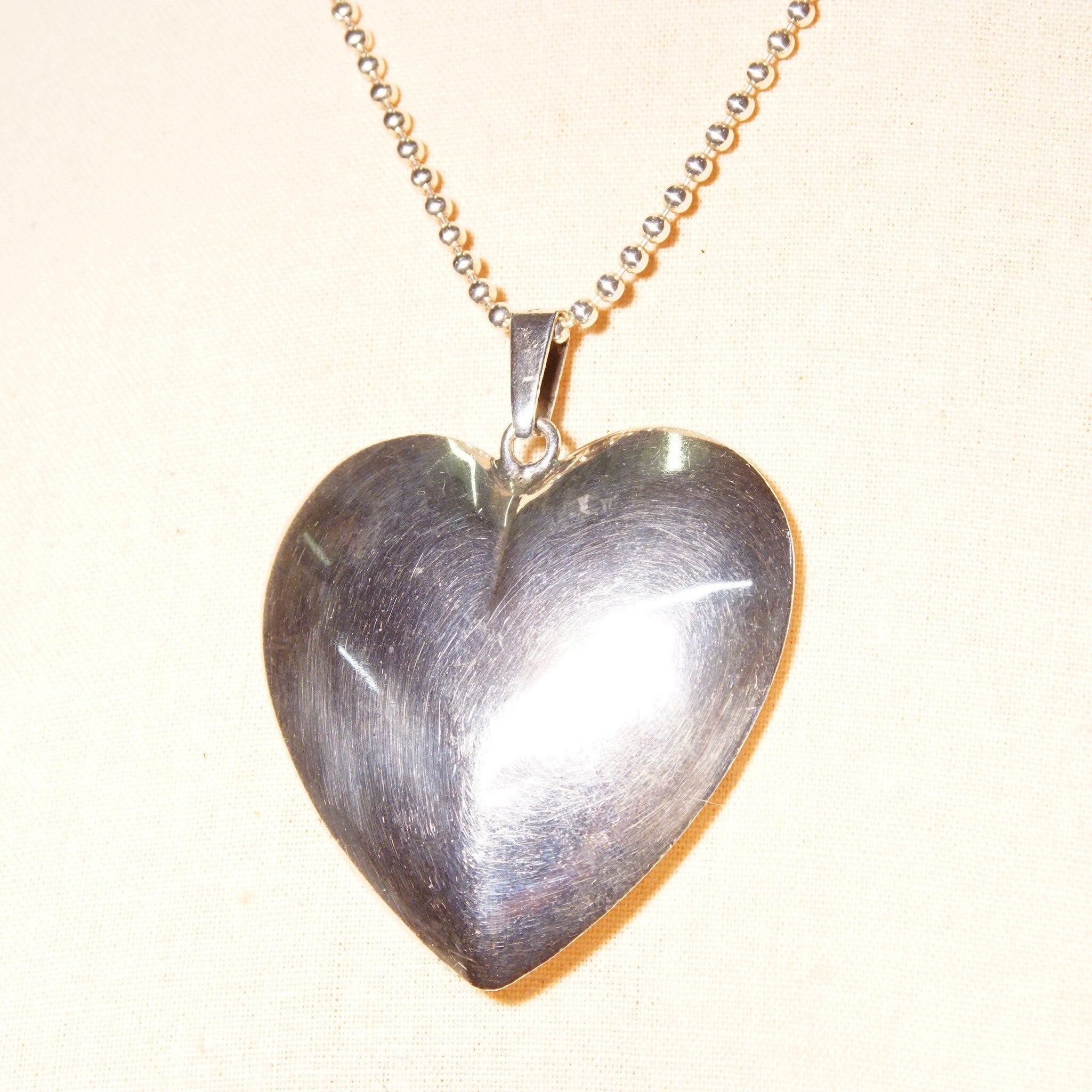 Vintage Modernist Sterling Silver Puffed Heart Pendant Necklace, Large Hollow Silver Heart, 36" Ball Chain Necklace, T925S, 2 3/4" L