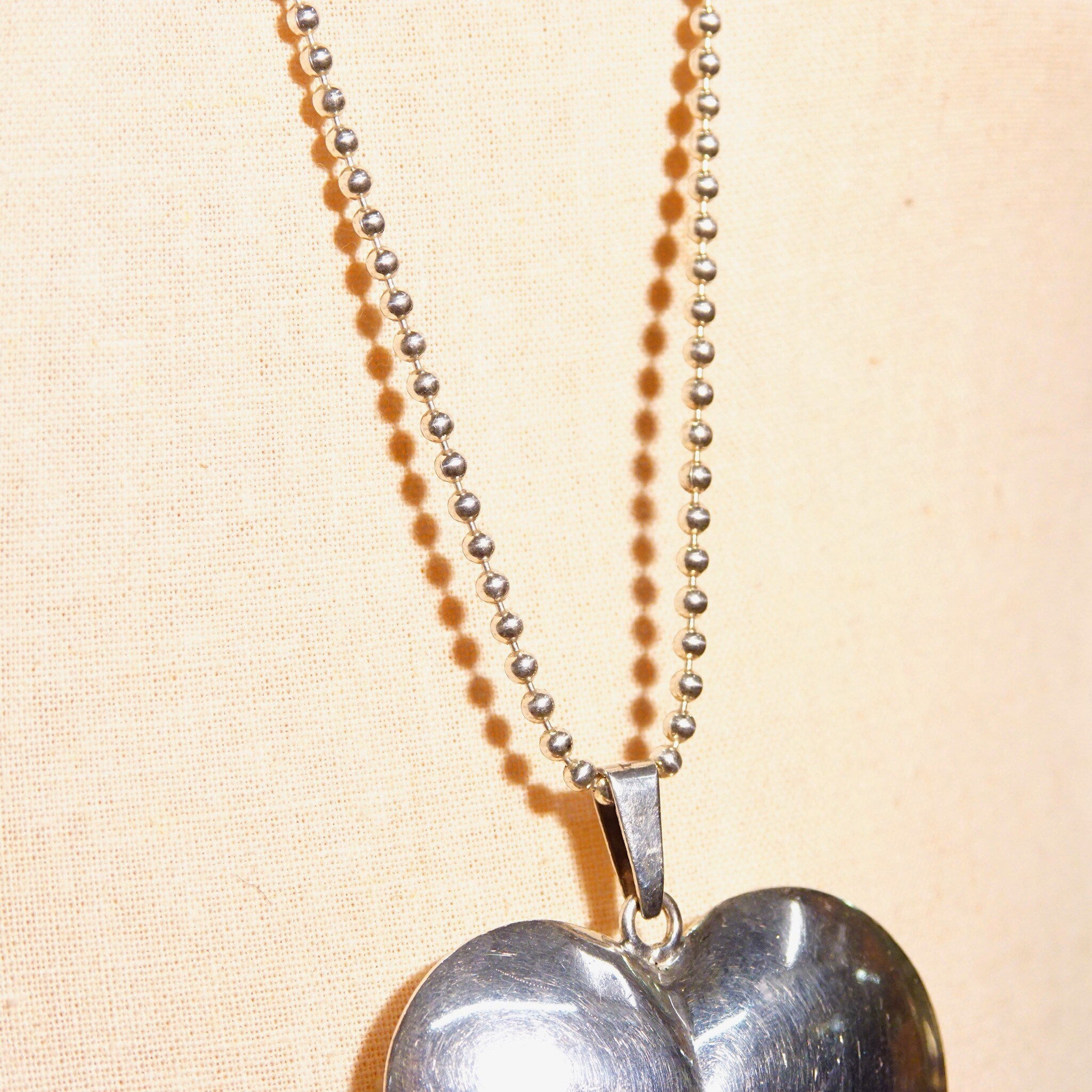 Vintage Modernist Sterling Silver Puffed Heart Pendant Necklace, Large Hollow Silver Heart, 36" Ball Chain Necklace, T925S, 2 3/4" L