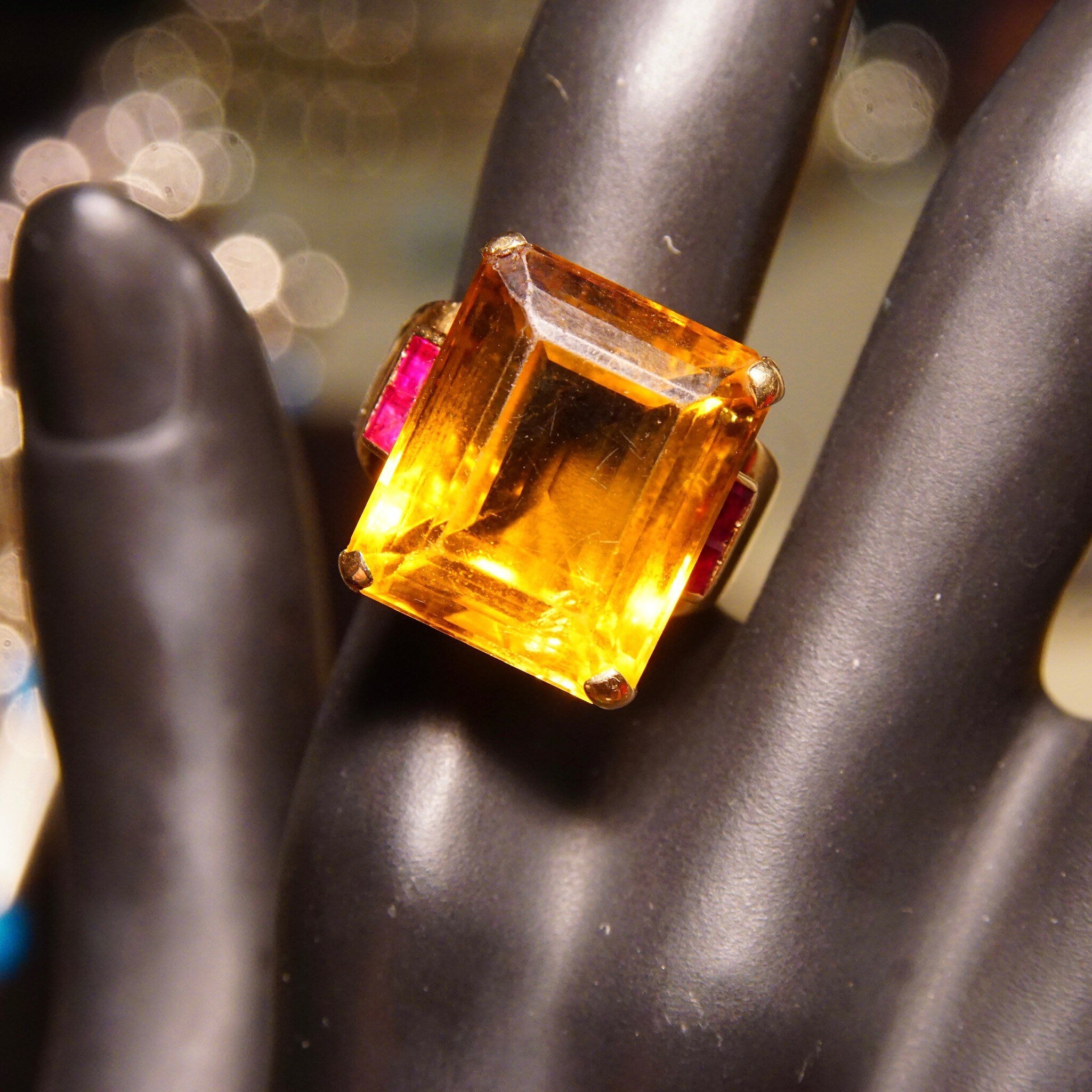 14K Citrine Ruby Cocktail Ring, Large Emerald-Cut Gemstone, Yellow Gold Setting, Estate Jewelry, 6 3/4 US