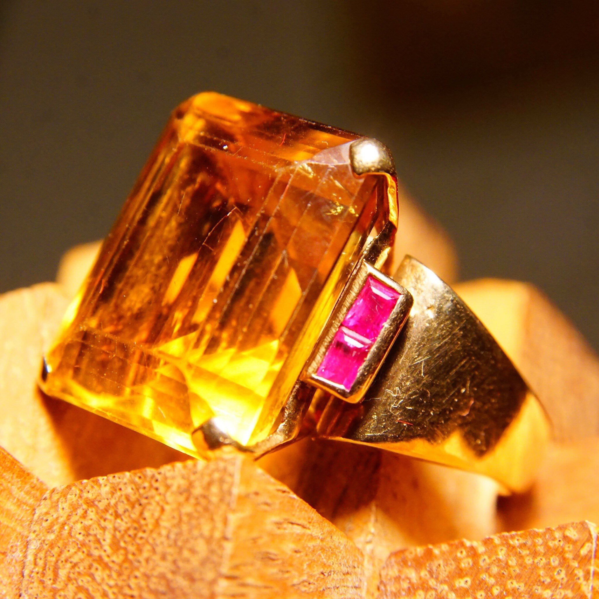 14K Citrine Ruby Cocktail Ring, Large Emerald-Cut Gemstone, Yellow Gold Setting, Estate Jewelry, 6 3/4 US