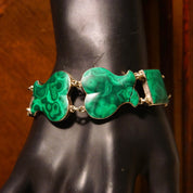 Antique Scottish Victorian Sterling Silver Malachite Link Bracelet With Heart Lock Charm, Ornate Geometric Links, Green Gemstones, 7 1/4 L
