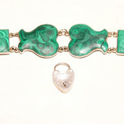 Antique Scottish Victorian Sterling Silver Malachite Link Bracelet With Heart Lock Charm, Ornate Geometric Links, Green Gemstones, 7 1/4 L
