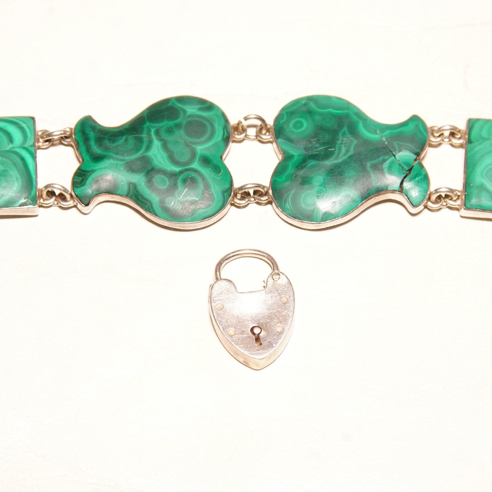 Antique Scottish Victorian Sterling Silver Malachite Link Bracelet With Heart Lock Charm, Ornate Geometric Links, Green Gemstones, 7 1/4 L