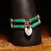 Antique Scottish Victorian Sterling Silver Malachite Link Bracelet With Heart Lock Charm, Ornate Geometric Links, Green Gemstones, 7 1/4 L