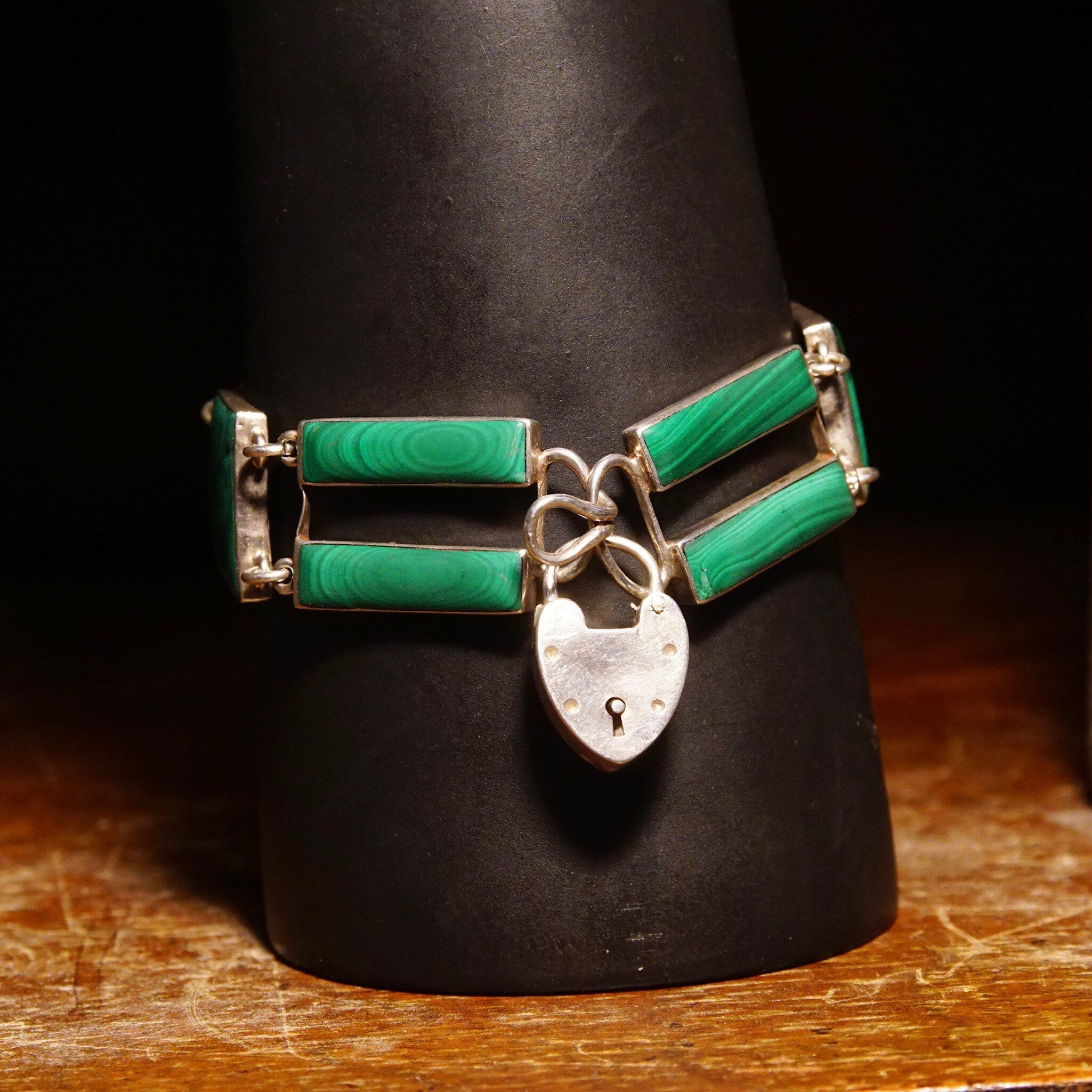 Antique Scottish Victorian Sterling Silver Malachite Link Bracelet With Heart Lock Charm, Ornate Geometric Links, Green Gemstones, 7 1/4 L