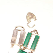 Antique Scottish Victorian Sterling Silver Malachite Link Bracelet With Heart Lock Charm, Ornate Geometric Links, Green Gemstones, 7 1/4 L