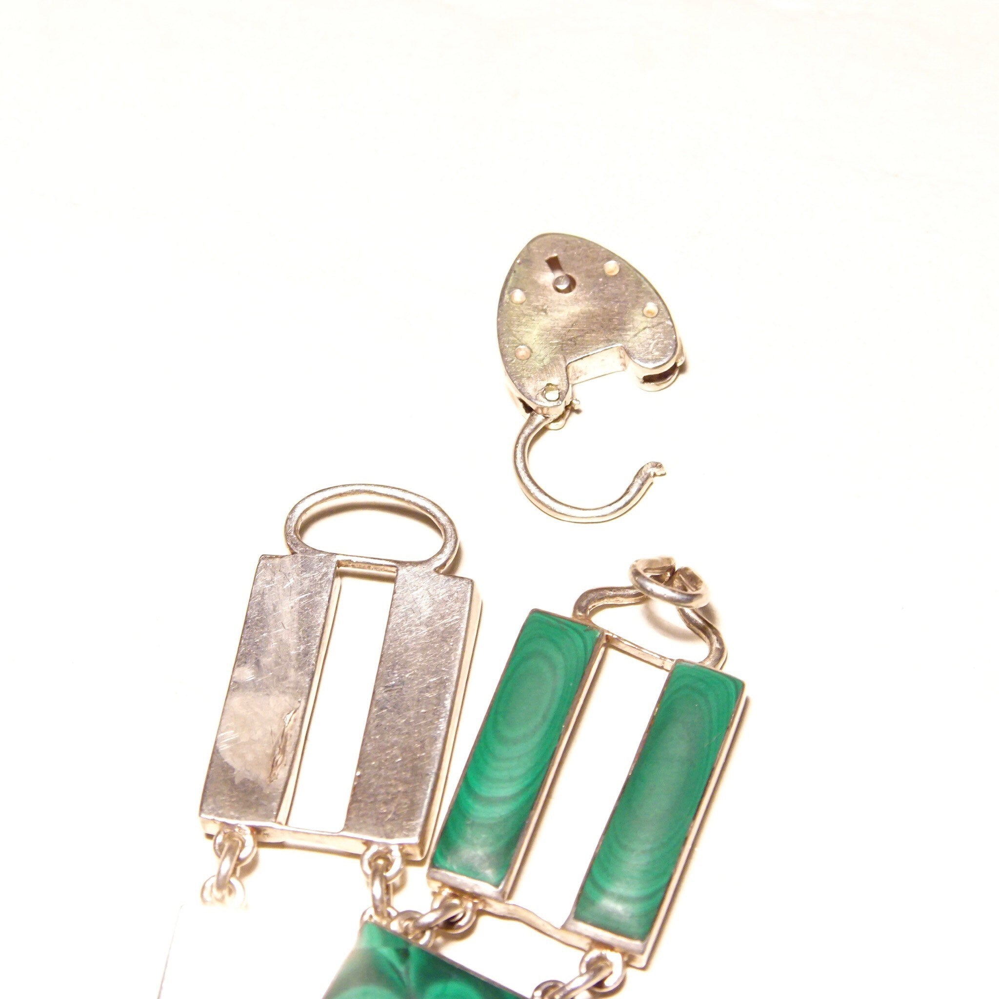 Antique Scottish Victorian Sterling Silver Malachite Link Bracelet With Heart Lock Charm, Ornate Geometric Links, Green Gemstones, 7 1/4 L