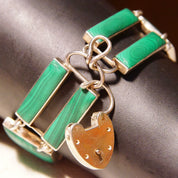 Antique Scottish Victorian Sterling Silver Malachite Link Bracelet With Heart Lock Charm, Ornate Geometric Links, Green Gemstones, 7 1/4 L