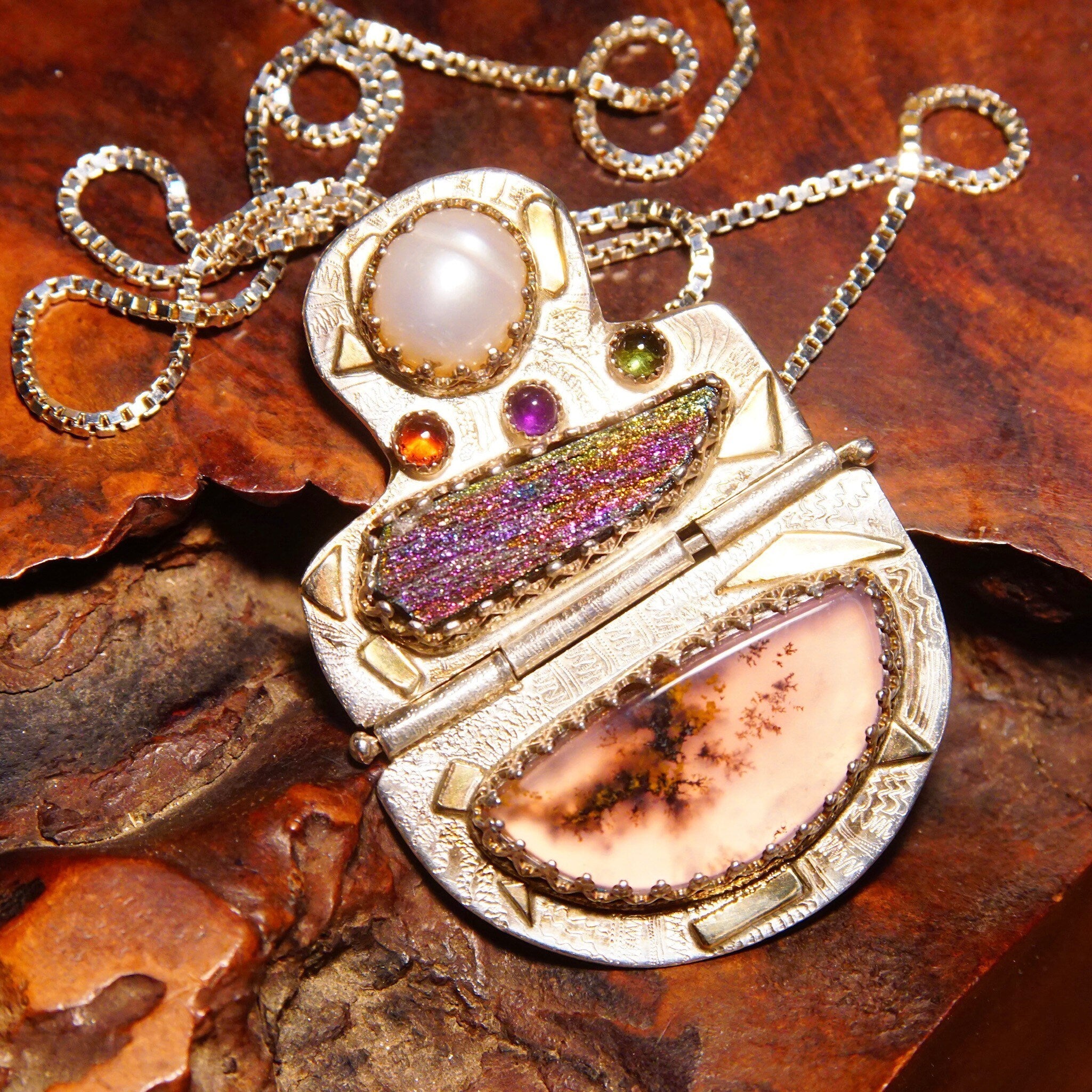 Vintage Signed Ann Allen Sterling Silver & 14K Gold Accent Gemstone Pendant Necklace, Pearl Cabochon, Rainbow Hematite, Moss Resin, 20" L