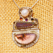 Vintage Signed Ann Allen Sterling Silver & 14K Gold Accent Gemstone Pendant Necklace, Pearl Cabochon, Rainbow Hematite, Moss Resin, 20" L