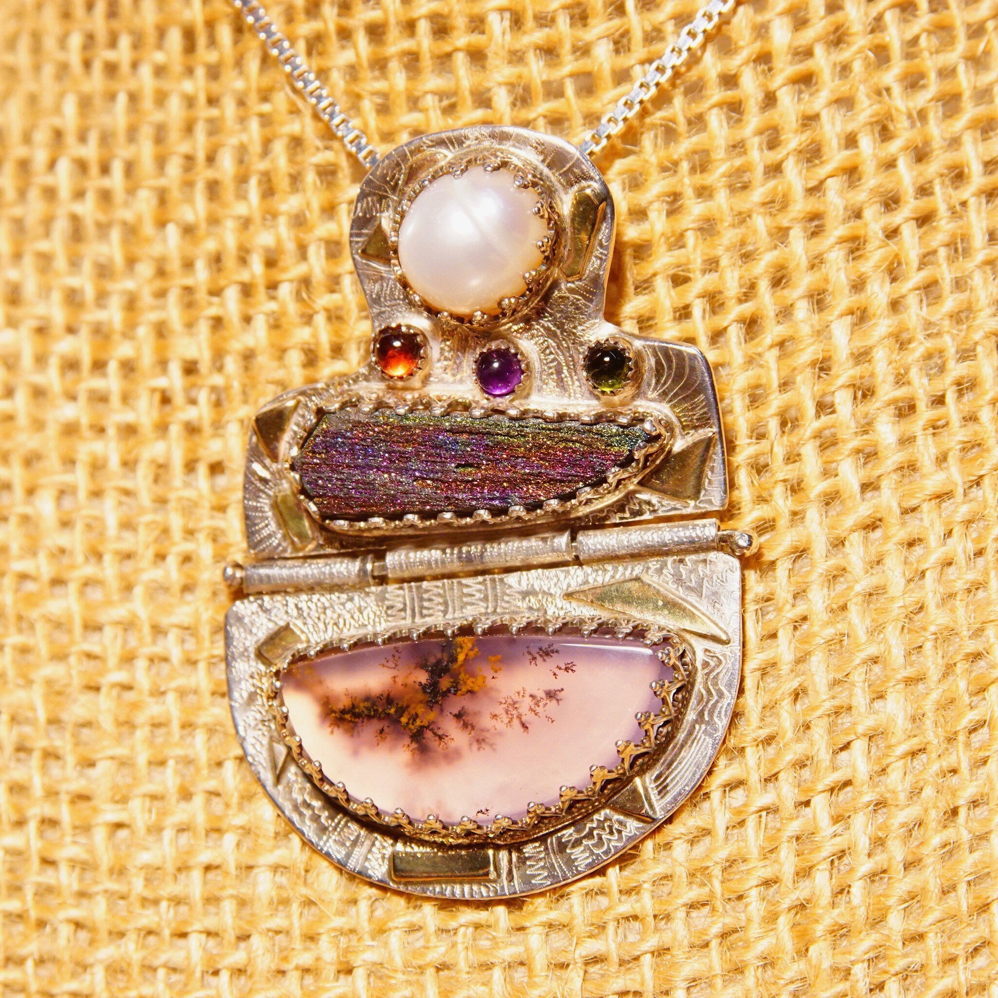 Vintage Signed Ann Allen Sterling Silver & 14K Gold Accent Gemstone Pendant Necklace, Pearl Cabochon, Rainbow Hematite, Moss Resin, 20" L