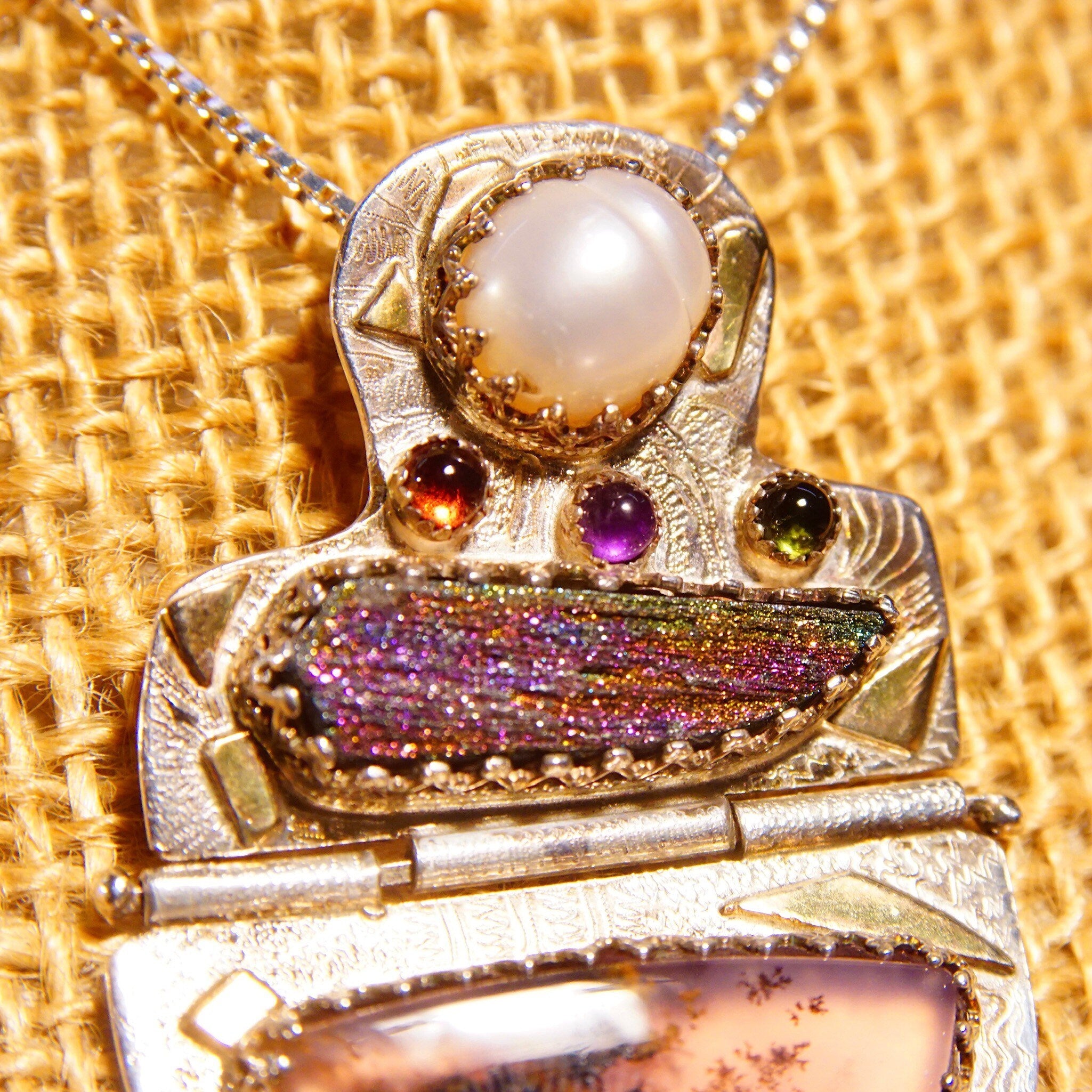 Vintage Signed Ann Allen Sterling Silver & 14K Gold Accent Gemstone Pendant Necklace, Pearl Cabochon, Rainbow Hematite, Moss Resin, 20" L