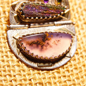 Vintage Signed Ann Allen Sterling Silver & 14K Gold Accent Gemstone Pendant Necklace, Pearl Cabochon, Rainbow Hematite, Moss Resin, 20" L