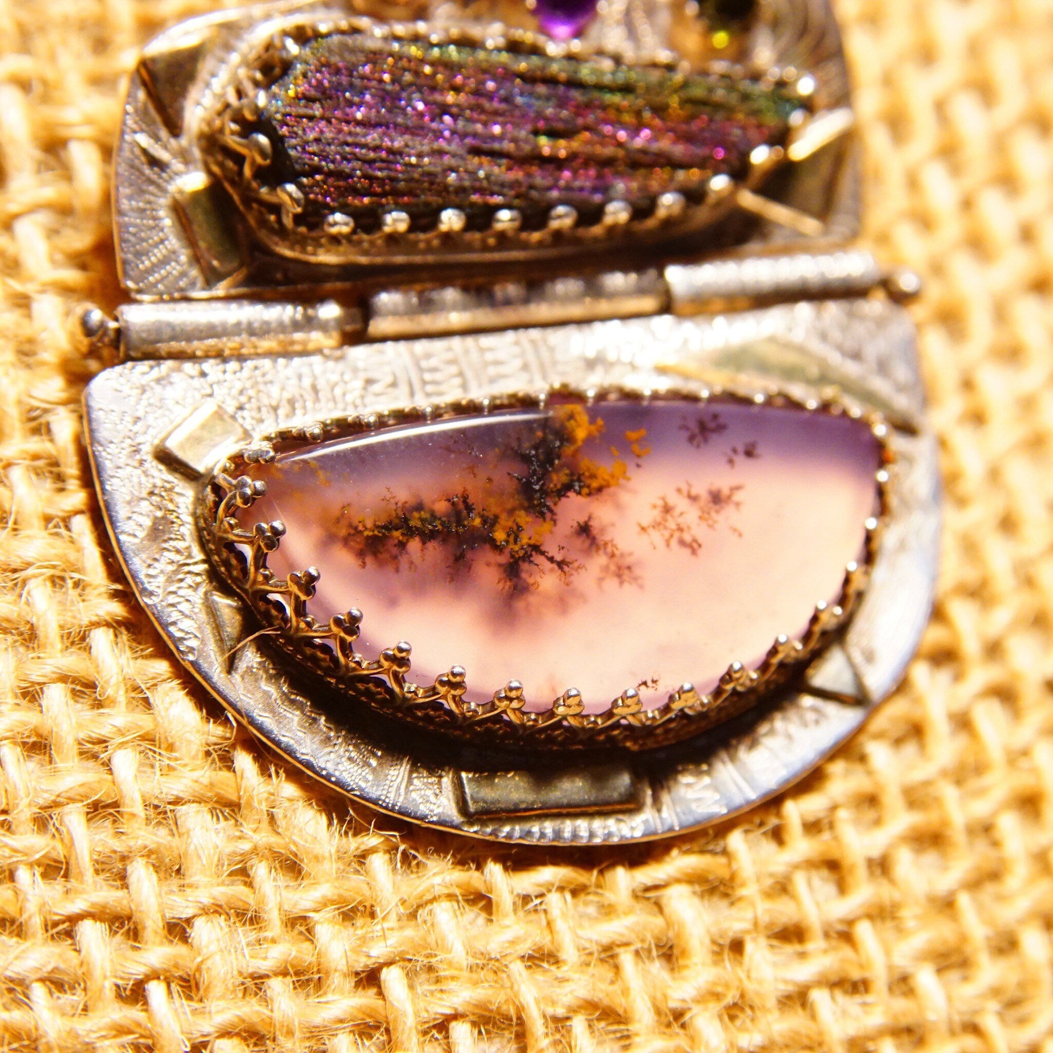 Vintage Signed Ann Allen Sterling Silver & 14K Gold Accent Gemstone Pendant Necklace, Pearl Cabochon, Rainbow Hematite, Moss Resin, 20" L