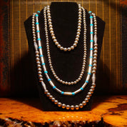 Vintage Navajo Turquoise Pearl Bench Barrel Bead Necklace, Sterling Silver Tube Beads, Blue Turquoise Spacers, Native American, 32 1/2" L