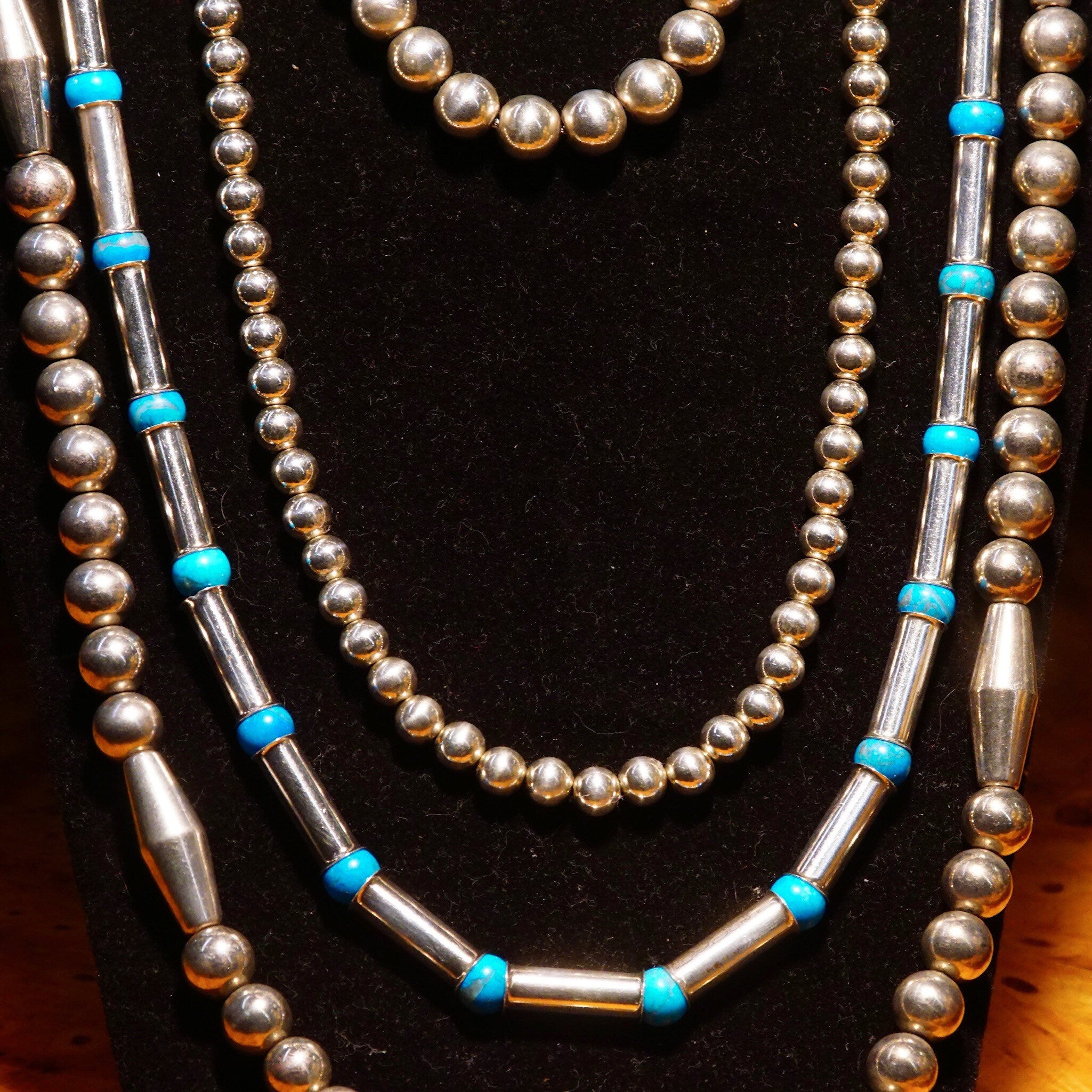 Vintage Navajo Turquoise Pearl Bench Barrel Bead Necklace, Sterling Silver Tube Beads, Blue Turquoise Spacers, Native American, 32 1/2" L