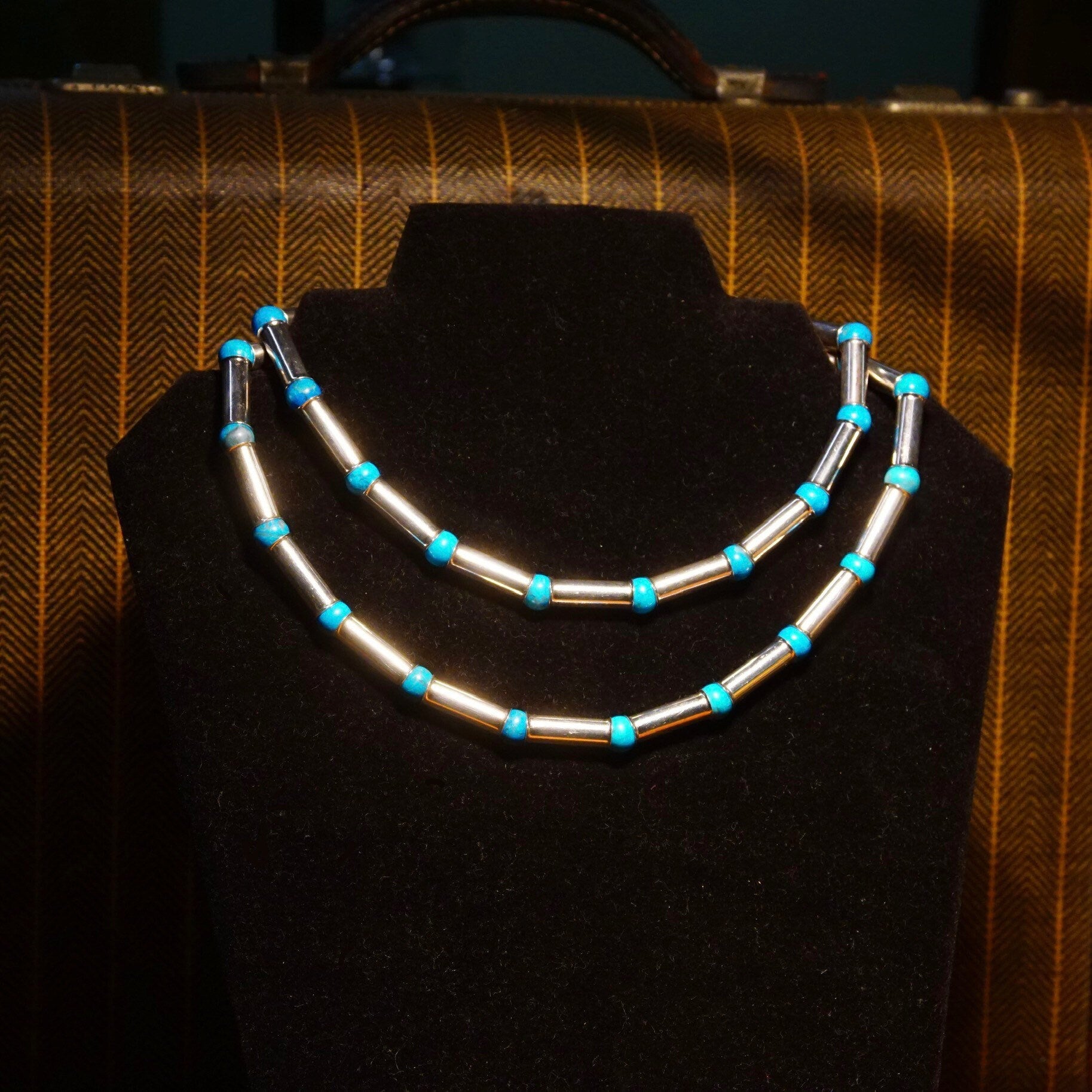 Vintage Navajo Turquoise Pearl Bench Barrel Bead Necklace, Sterling Silver Tube Beads, Blue Turquoise Spacers, Native American, 32 1/2" L
