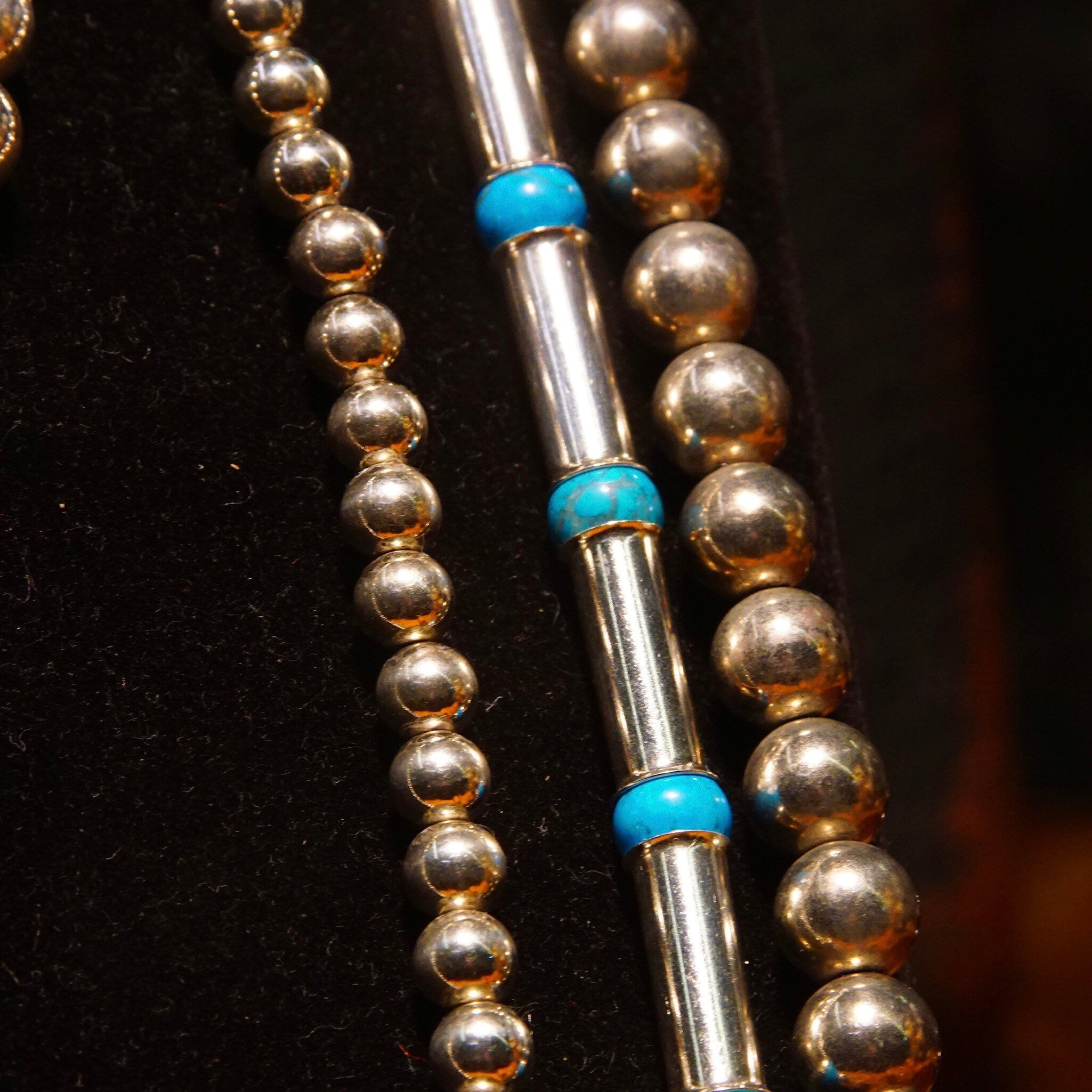 Vintage Navajo Turquoise Pearl Bench Barrel Bead Necklace, Sterling Silver Tube Beads, Blue Turquoise Spacers, Native American, 32 1/2" L