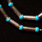 Vintage Navajo Turquoise Pearl Bench Barrel Bead Necklace, Sterling Silver Tube Beads, Blue Turquoise Spacers, Native American, 32 1/2" L