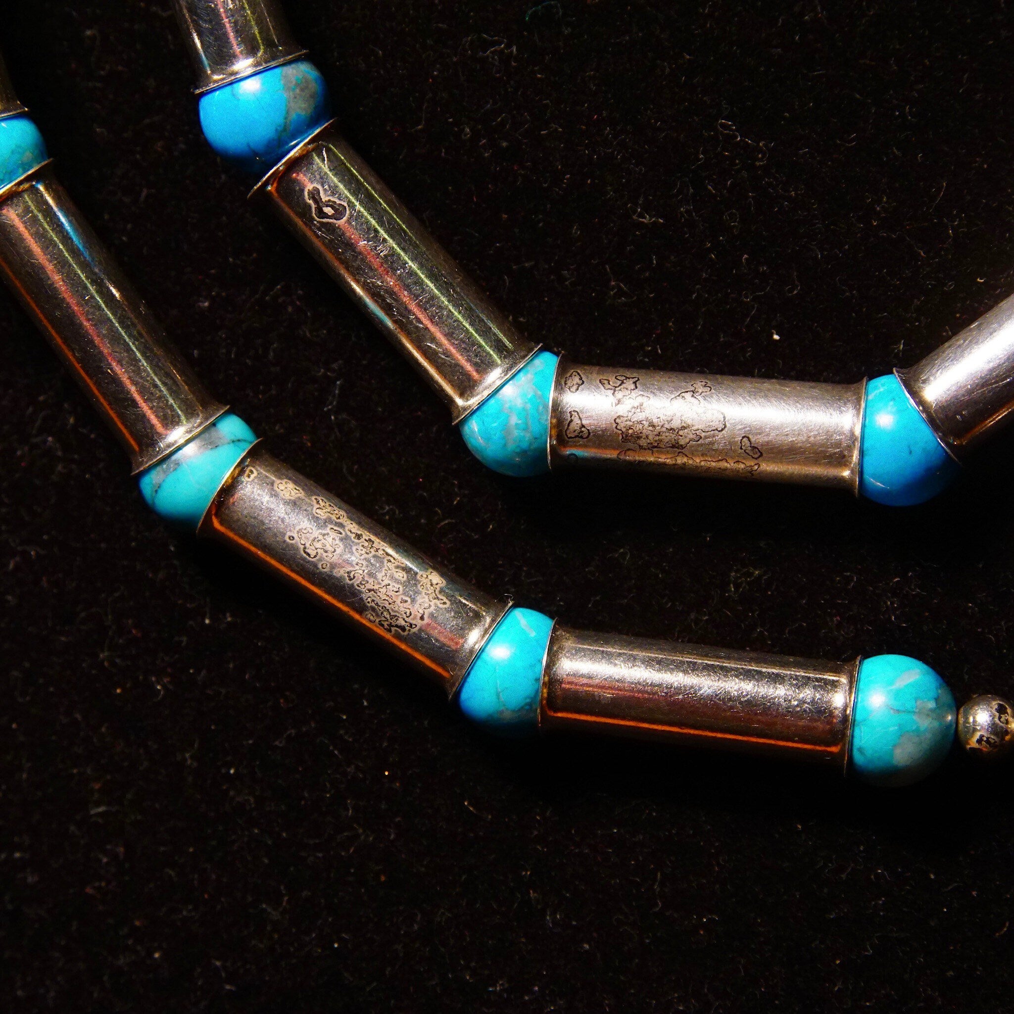 Vintage Navajo Turquoise Pearl Bench Barrel Bead Necklace, Sterling Silver Tube Beads, Blue Turquoise Spacers, Native American, 32 1/2" L
