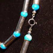 Vintage Navajo Turquoise Pearl Bench Barrel Bead Necklace, Sterling Silver Tube Beads, Blue Turquoise Spacers, Native American, 32 1/2" L