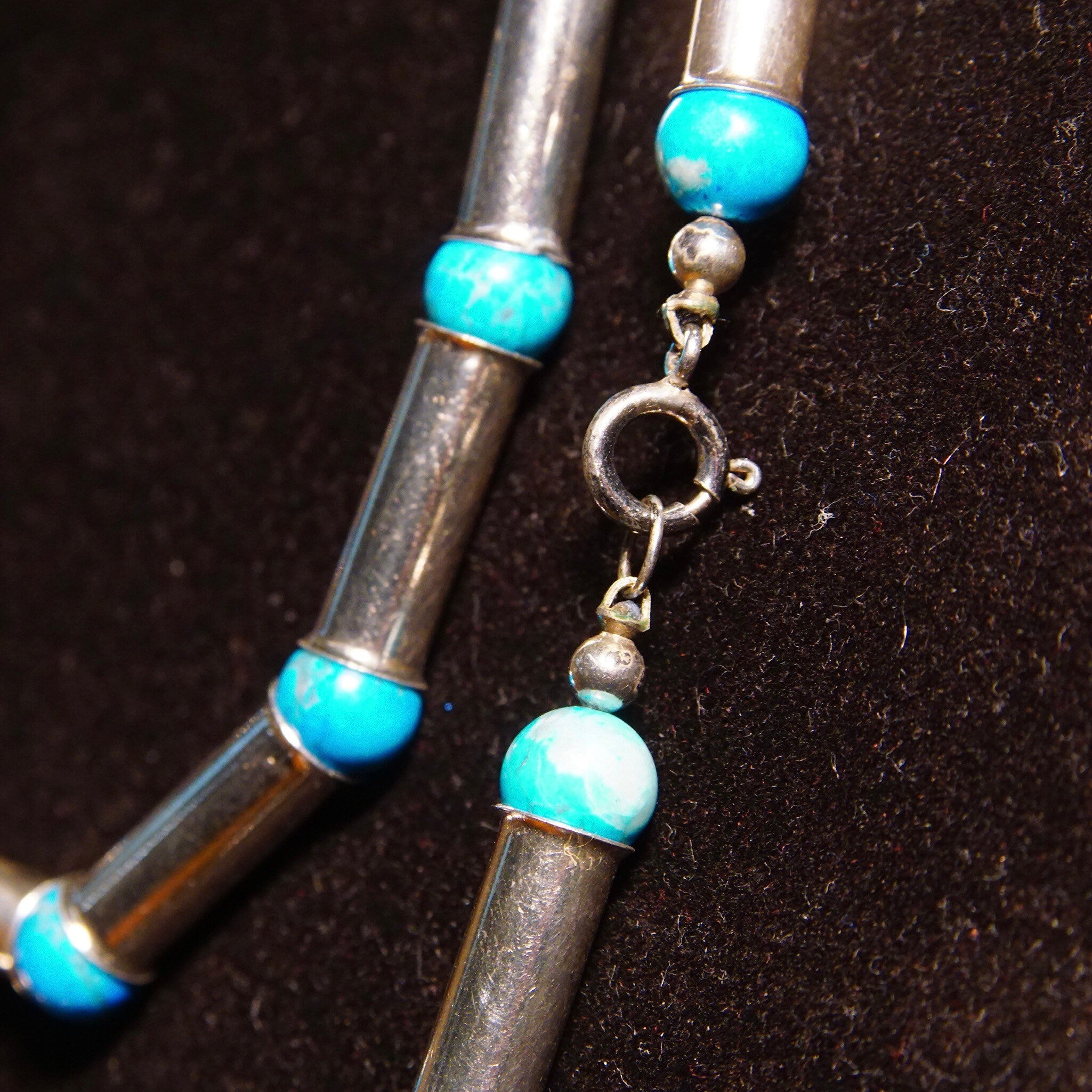 Vintage Navajo Turquoise Pearl Bench Barrel Bead Necklace, Sterling Silver Tube Beads, Blue Turquoise Spacers, Native American, 32 1/2" L