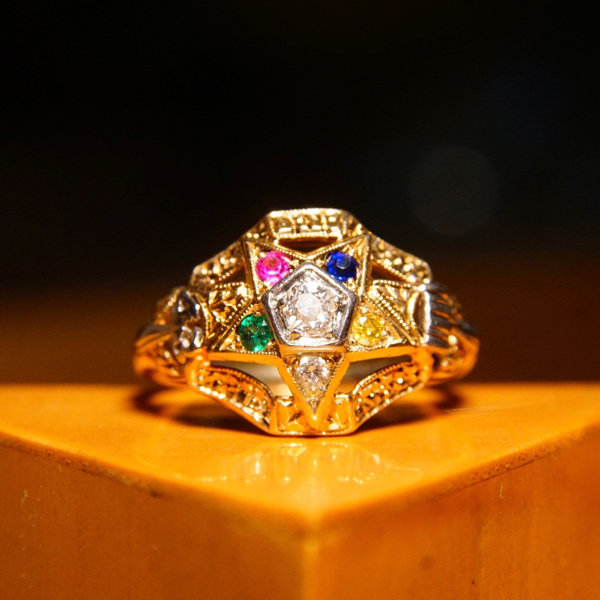 Vintage 14K Masonic Order Of The Eastern Star Ring, .18 CT OEC Diamond, Multi-Color Gemstones, Yellow Gold Freemason Ring, Size 6 1/2 US