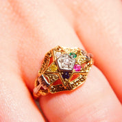 Vintage 14K Masonic Order Of The Eastern Star Ring, .18 CT OEC Diamond, Multi-Color Gemstones, Yellow Gold Freemason Ring, Size 6 1/2 US