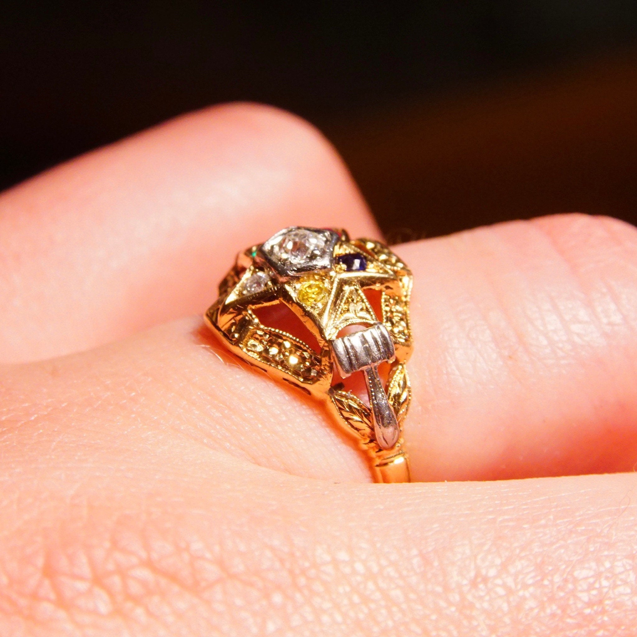 Vintage 14K Masonic Order Of The Eastern Star Ring, .18 CT OEC Diamond, Multi-Color Gemstones, Yellow Gold Freemason Ring, Size 6 1/2 US