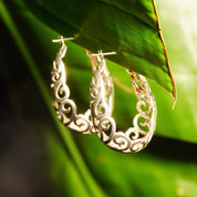 Vintage Sterling Silver Filigree Oval Hoop Earrings, Pierced Basket Hoop Earrings, Art Nouveau Vine/Scroll Designs, 925 Earrings, 1 3/8" L