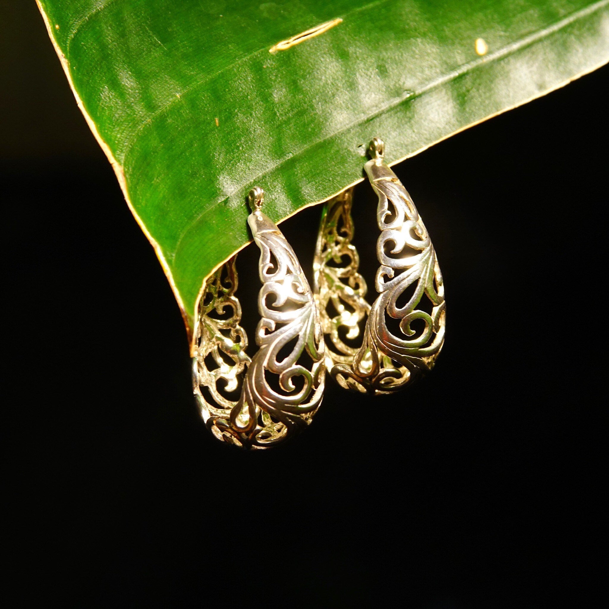 Vintage Sterling Silver Filigree Oval Hoop Earrings, Pierced Basket Hoop Earrings, Art Nouveau Vine/Scroll Designs, 925 Earrings, 1 3/8" L