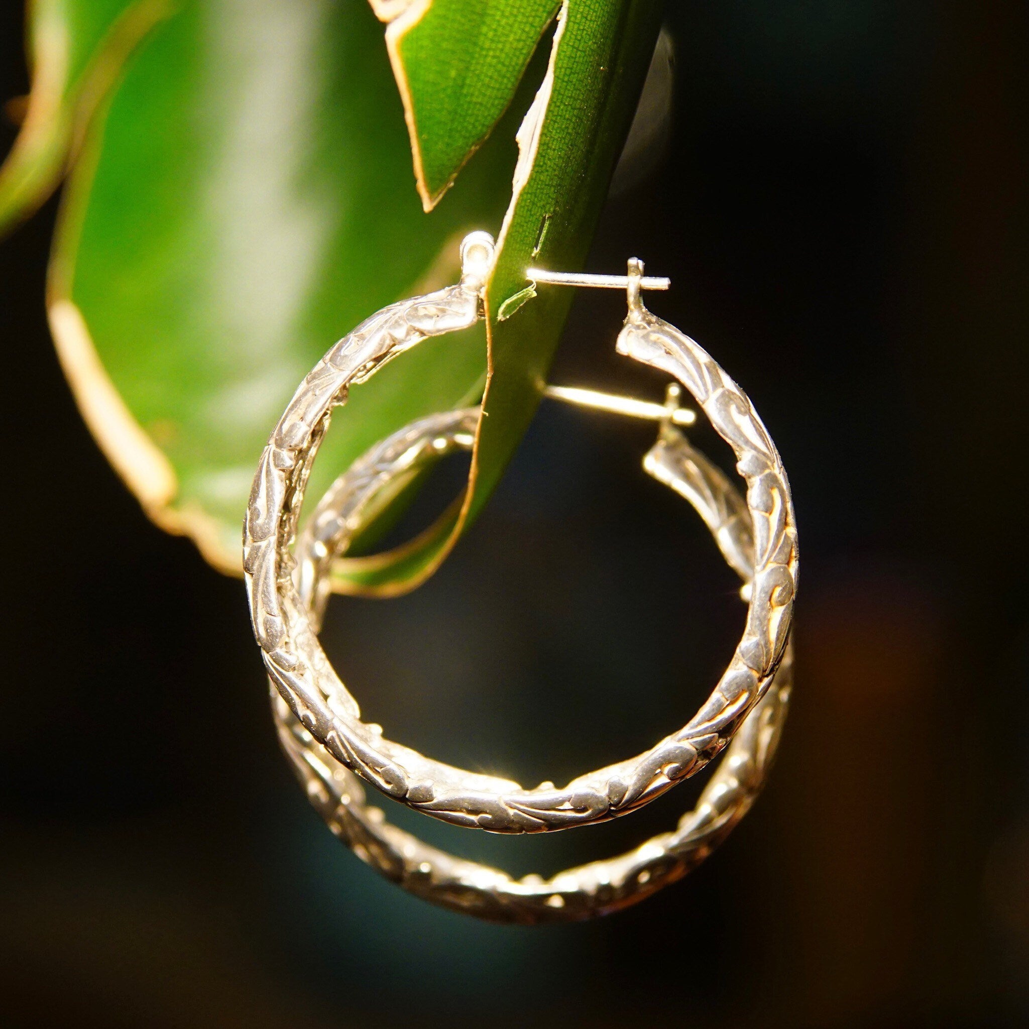 Vintage Sterling Silver Filigree Hoop Earrings, Round Pierced Hoops, Floral Art Nouveau Designs, Medium 925 Hoops, Lightweight, 33mm