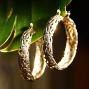 Vintage Sterling Silver Filigree Hoop Earrings, Round Pierced Hoops, Floral Art Nouveau Designs, Medium 925 Hoops, Lightweight, 33mm