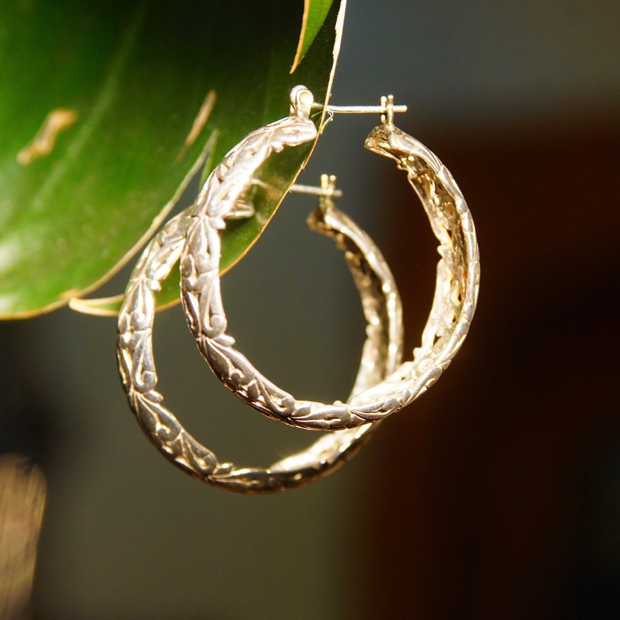 Vintage Sterling Silver Filigree Hoop Earrings, Round Pierced Hoops, Floral Art Nouveau Designs, Medium 925 Hoops, Lightweight, 33mm
