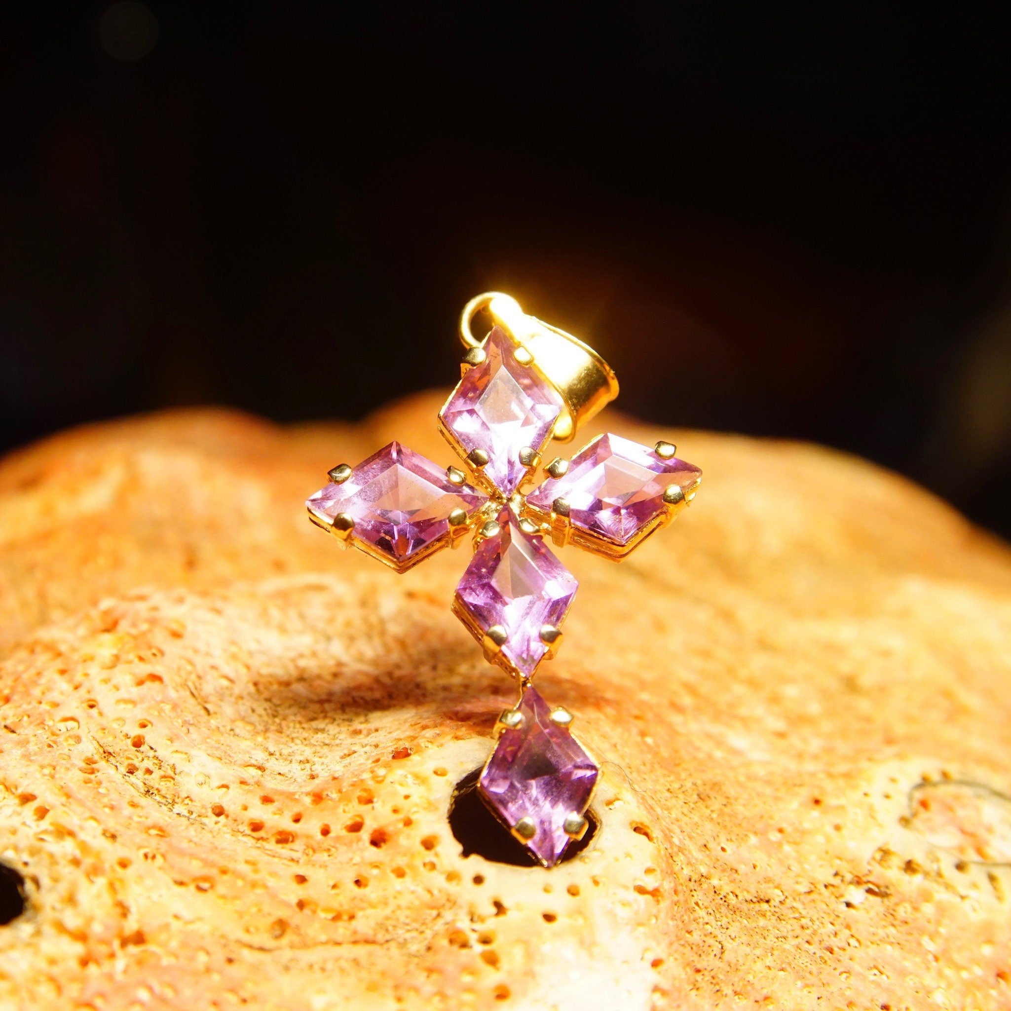 Vintage Mexico 14K Gold Amethyst Cross Pendant, Lozenge-Cut Gemstone Cross Pendant, Yellow Gold Bail, 585 Accessories, 36mm x 20mm
