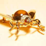 Vintage Trifari Sterling Jelly Belly Fly Brooch, Alfred Philippe Design, Lucite Cabochon, Gilt Silver, Clear & Red Rhinestones, 2" L 2
