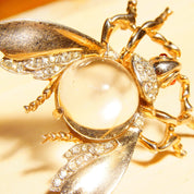 Vintage Trifari Sterling Jelly Belly Fly Brooch, Alfred Philippe Design, Lucite Cabochon, Gilt Silver, Clear & Red Rhinestones, 2" L 2