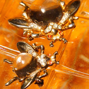 Vintage Crown Trifari Sterling Jelly Belly Fly Brooches (2), Alfred Philippe Design, Lucite Cabochon, Gilt Silver, Clear & Red Rhinestones