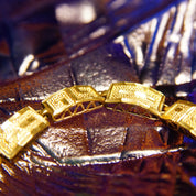 Vintage 10K Yellow Gold Greek Key Link Bracelet, Stippled Gold Links W/ Filigree Siding, Chiseled Gold Meander Design, 9 1/4" L