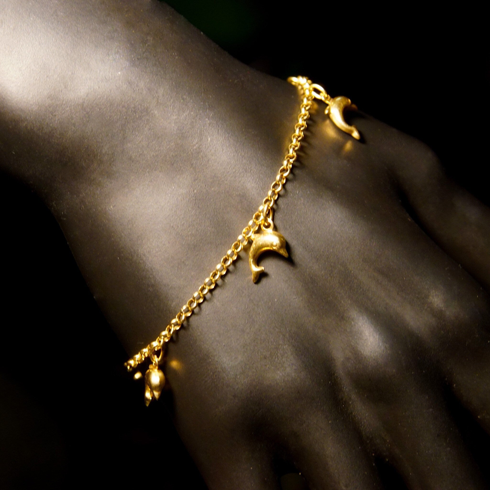 Vintage Hallmarked 14K Gold Dolphin Charm Bracelet, 5 Yellow Gold Dolphin Charms, 2.25mm Belcher Link Chain, 585 Station Bracelet, 7" L