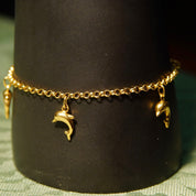Vintage Hallmarked 14K Gold Dolphin Charm Bracelet, 5 Yellow Gold Dolphin Charms, 2.25mm Belcher Link Chain, 585 Station Bracelet, 7" L