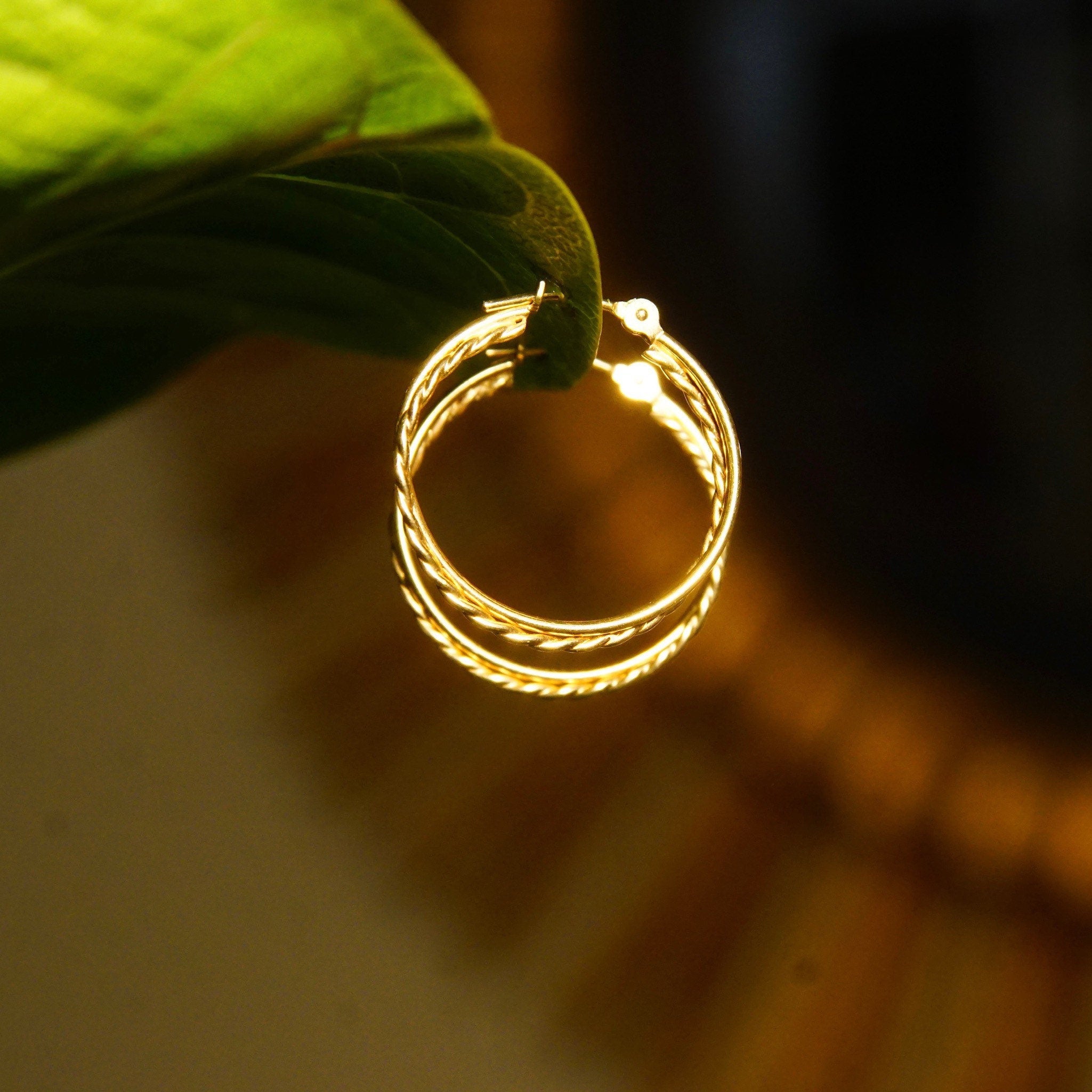 Vintage 14K Yellow Gold Wire Hoop Earrings, Intertwined Gold Strand Hoops, Small 20mm Gold Hoops, Lightweight Earrings, 585 Jewelry