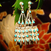Vintage TAXCO Sterling Silver Petit Point Turquoise Chandelier Earrings, Mexico 925, Pierced Dangle Turquoise Earrings, 2 1/2" L