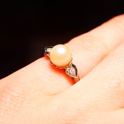 Vintage 14K White Gold Pearl Diamond Accent Ring, 8mm Round Pearl, Diamond Shoulders, .06 TCW, White Gold Band, Size 6 1/4 US