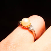 Vintage 14K White Gold Pearl Diamond Accent Ring, 8mm Round Pearl, Diamond Shoulders, .06 TCW, White Gold Band, Size 6 1/4 US