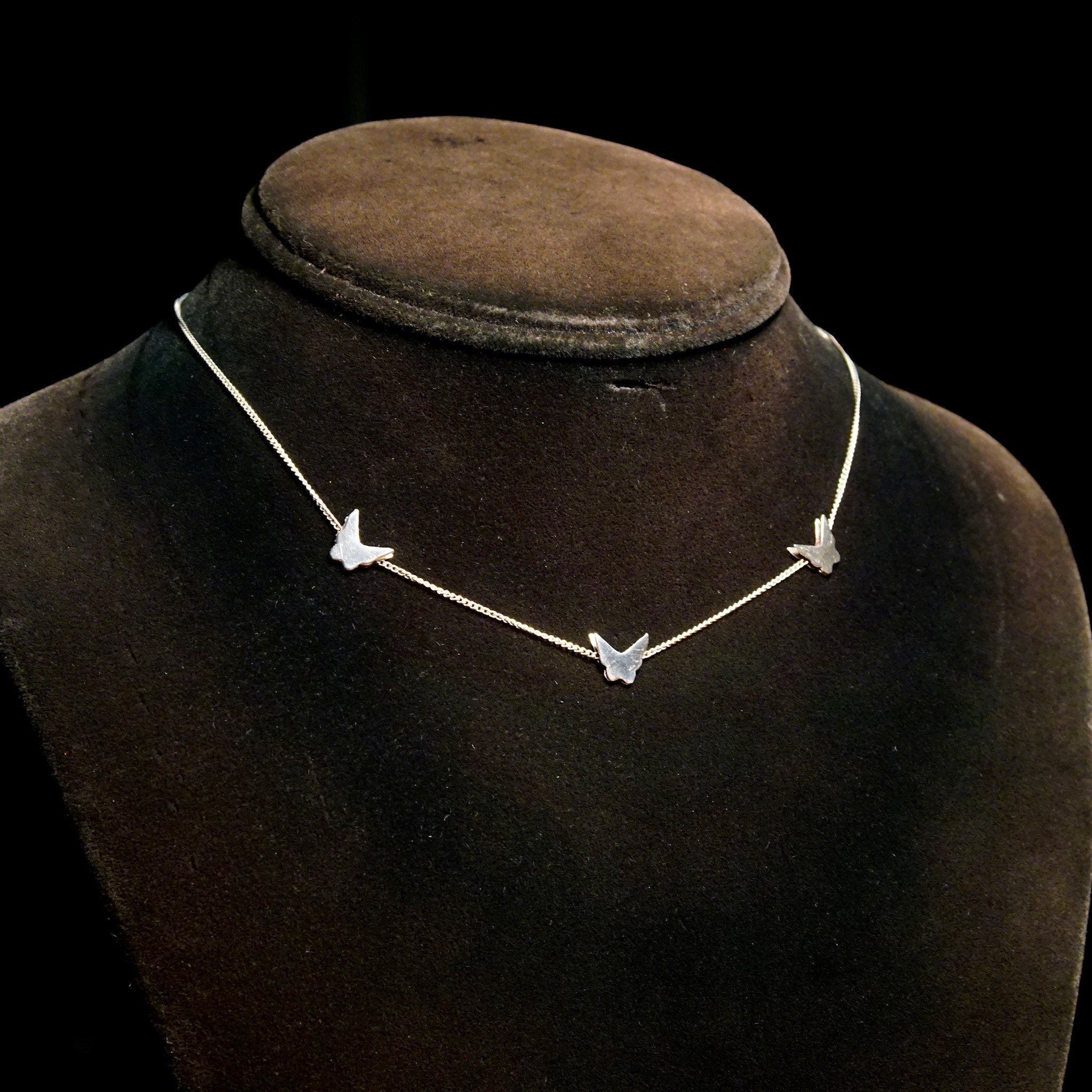 Vintage Minimalist Sterling Silver Butterfly Choker Necklace, Hecho En Mexico 965, 1mm Silver Cable Chain, 3 Butterfly Silhouette Charms,