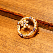 Antique 10K Gold Seed Pear Blue Gemstone Floral Circle Pin, Petite Gold Brooch, Blue Topaz/Sapphire Stones, Art Nouveau, 20mm